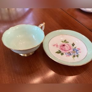 Paragon English fine bone china teacup and saucer. Mint green with cabbage rose.